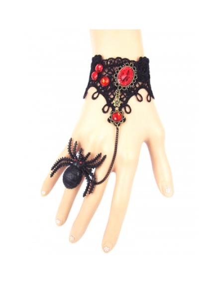 Faux Ruby Lace Bracelet with Spider Ring