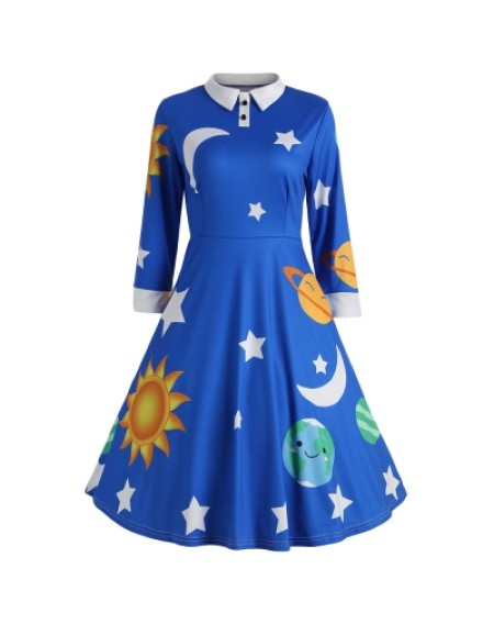 Long Sleeve Sun Moon Star Print A-line Women Dress