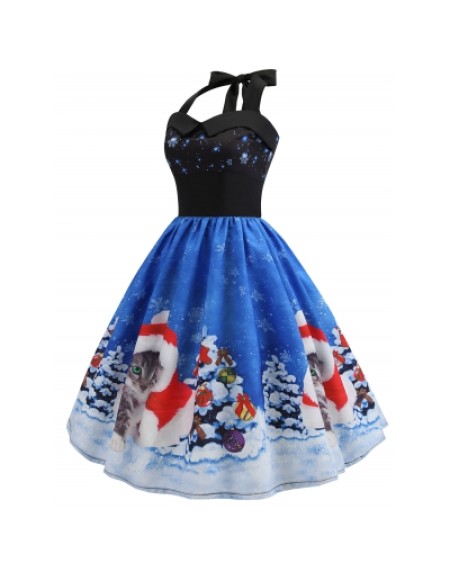 Christmas Hat Cat Print Dress