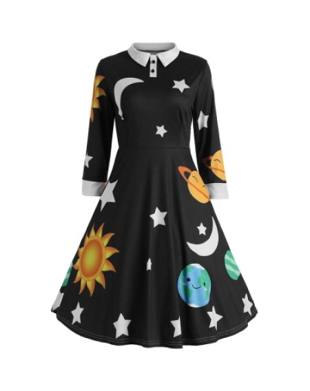 Long Sleeve Sun Moon Star Print A-line Women Dress