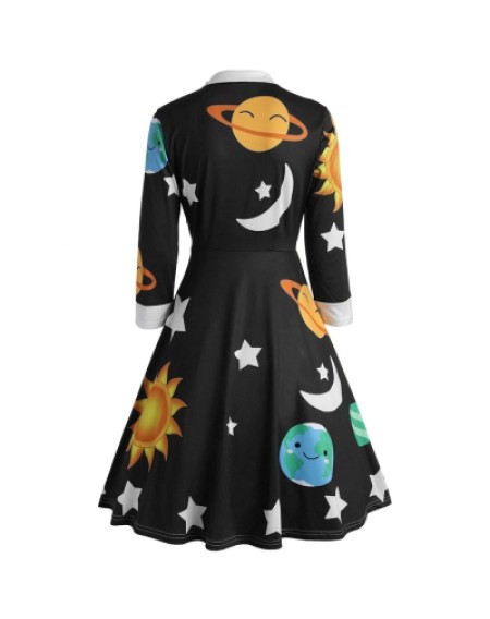 Long Sleeve Sun Moon Star Print A-line Women Dress