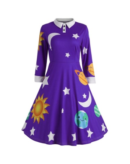 Long Sleeve Sun Moon Star Print A-line Women Dress