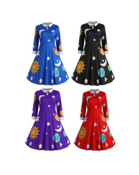 Long Sleeve Sun Moon Star Print A-line Women Dress