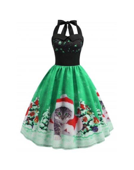 Christmas Hat Cat Print Dress