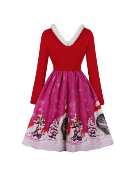 V-neck Christmas Print Vintage Dress for Women