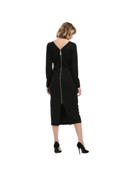 Round Collar Long SLeeve Zipper Design Skinny Women Midi Dress