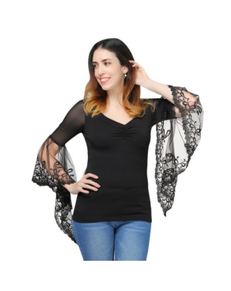 Bell Sleeve Sheer Lace Panel T-Shirt