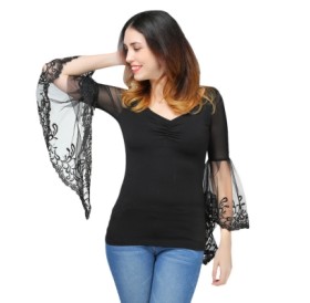 Bell Sleeve Sheer Lace Panel T-Shirt