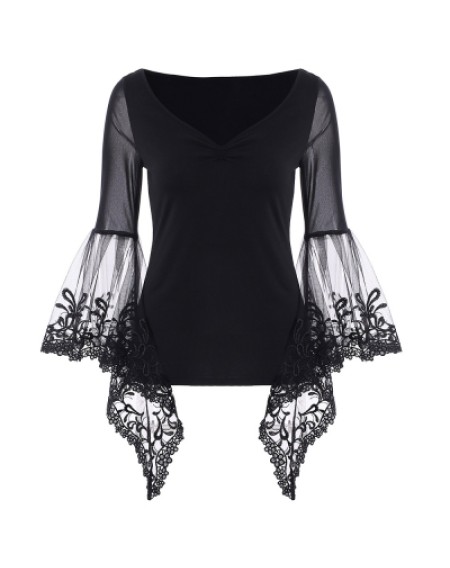 Bell Sleeve Sheer Lace Panel T-Shirt