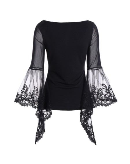 Bell Sleeve Sheer Lace Panel T-Shirt