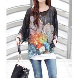 Scoop Neck Batwing Sleeve Printed Chiffon Black Blouse For Women