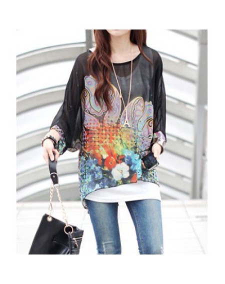 Scoop Neck Batwing Sleeve Printed Chiffon Black Blouse For Women