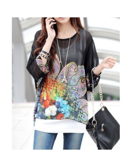 Scoop Neck Batwing Sleeve Printed Chiffon Black Blouse For Women