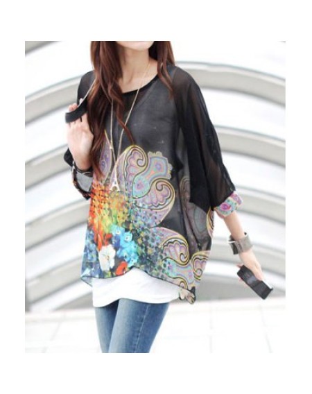 Scoop Neck Batwing Sleeve Printed Chiffon Black Blouse For Women