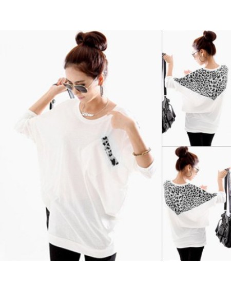 Korean Fashion and Mix-Matched Style Leopard Print Embellished Loose Bat-Wing Sleeves T-shirt For Wo