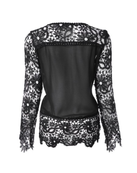 Round Neck Long Sleeve Spliced Hollow Out Blouse