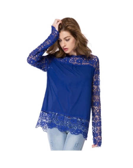 Round Neck Long Sleeve Spliced Hollow Out Blouse