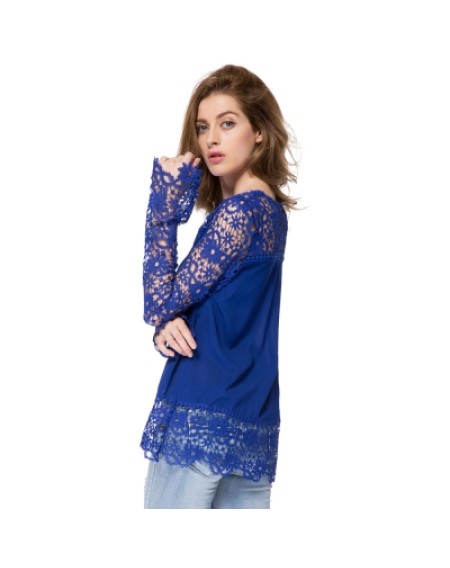 Round Neck Long Sleeve Spliced Hollow Out Blouse