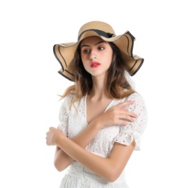 SALYBABY Spring Elegant Wavy Brim with Bow-Knot Beach Straw Hat