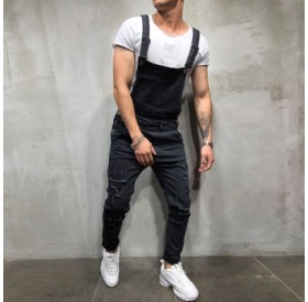 Men Distressed Denim Carpenter Overalls Bib Rompers Moto Biker Jean Jumpsuits Pants