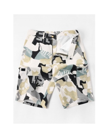 Letter Camo Print Multi-pocket Cargo Shorts