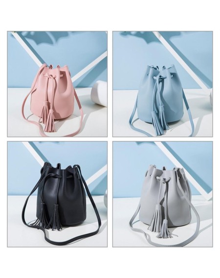 Vintage Women Small Crossbody Bags PU Leather Tassel Drawstring Bucket Bag