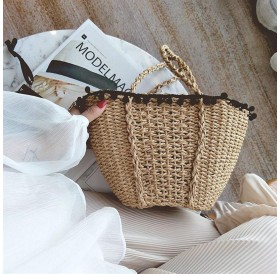 Handmade Woven Straw Handbag Large Capacity Small Fur Ball Single Shoulder Bag