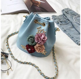 Trendy Female Bucket Bag Sweet Flower Shoulder Bag With Chain Drawstring