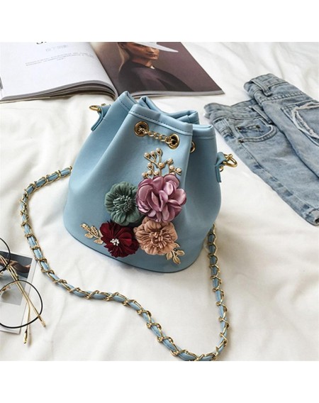 Trendy Female Bucket Bag Sweet Flower Shoulder Bag With Chain Drawstring