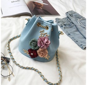 Trendy Female Bucket Bag Sweet Flower Shoulder Bag With Chain Drawstring