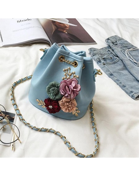 Trendy Female Bucket Bag Sweet Flower Shoulder Bag With Chain Drawstring