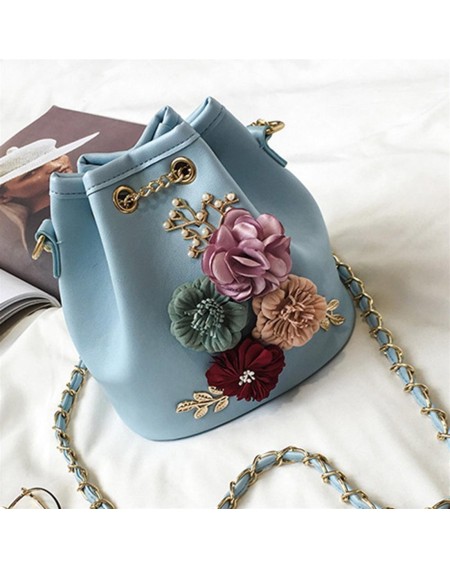 Trendy Female Bucket Bag Sweet Flower Shoulder Bag With Chain Drawstring