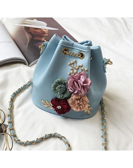 Trendy Female Bucket Bag Sweet Flower Shoulder Bag With Chain Drawstring