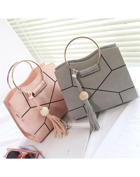 Charming Women PU Leather Wooden Bead Tassels Big Ring Handle Crossbody Bag