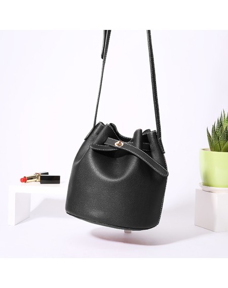 DDD Korean Style Shoulder Bucket Bag PU Female Mini Bag Tide D6006 Black