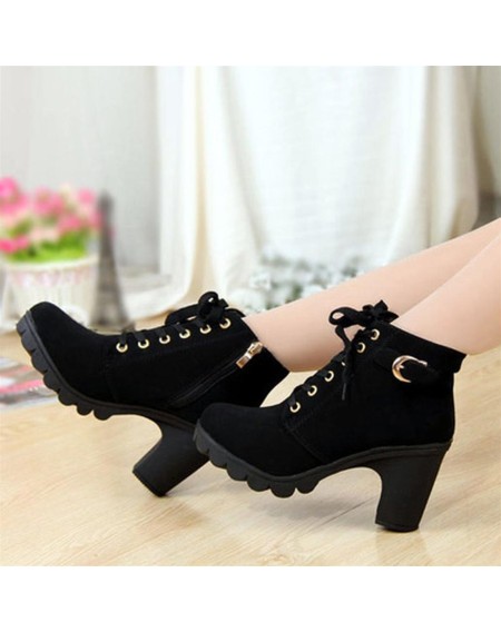 Fashion Women High Heel Lace Up Side Zipper Buckle Ankle Boots Suede Shoes