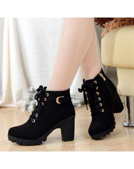 Fashion Women High Heel Lace Up Side Zipper Buckle Ankle Boots Suede Shoes