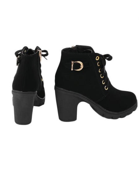 Fashion Women High Heel Lace Up Side Zipper Buckle Ankle Boots Suede Shoes