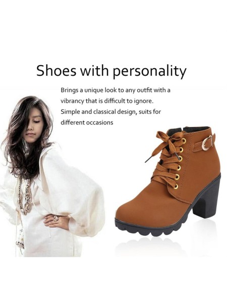 Fashion Women High Heel Lace Up Side Zipper Buckle Ankle Boots Suede Shoes