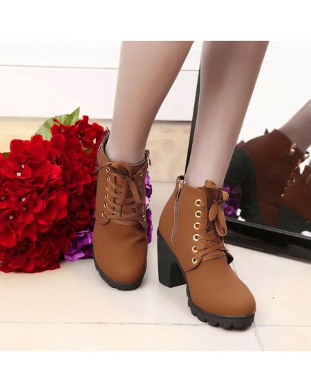 Fashion Women High Heel Lace Up Side Zipper Buckle Ankle Boots Suede Shoes