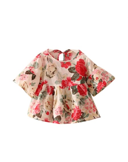 Summer Baby Kids Girls Shirt Short Trumpet Sleeve Floral Printing T-shirt