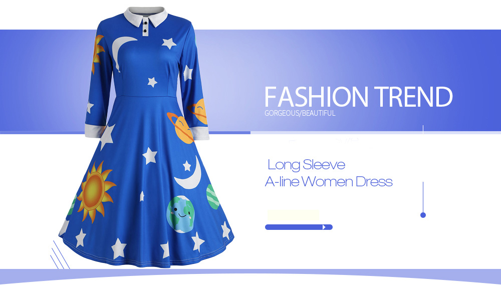 Long Sleeve Sun Moon Star Print A-line Women Dress