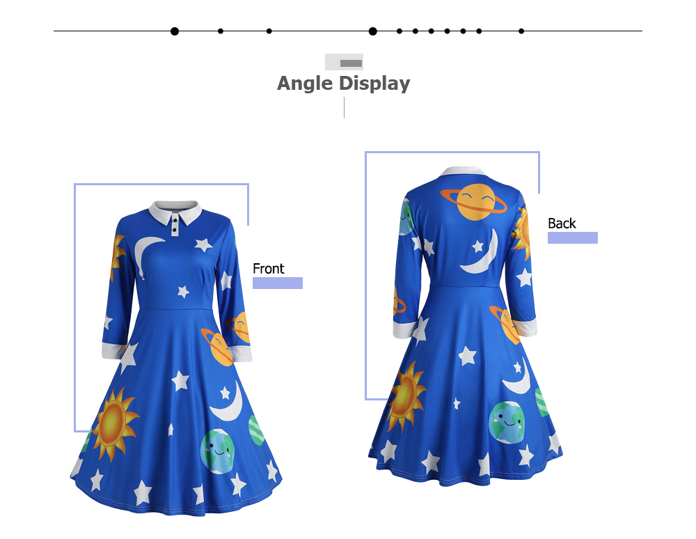 Long Sleeve Sun Moon Star Print A-line Women Dress