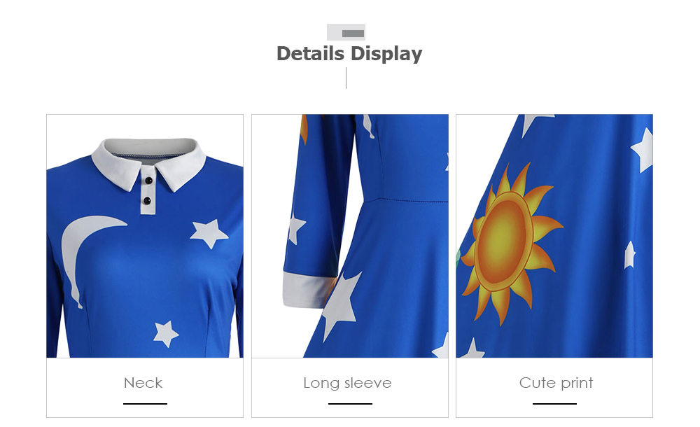 Long Sleeve Sun Moon Star Print A-line Women Dress