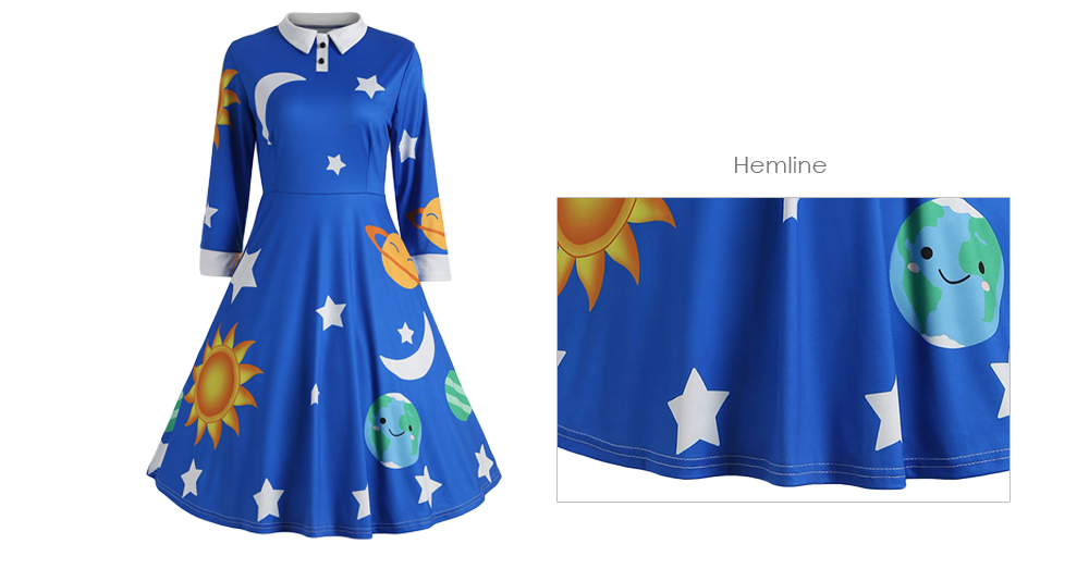 Long Sleeve Sun Moon Star Print A-line Women Dress