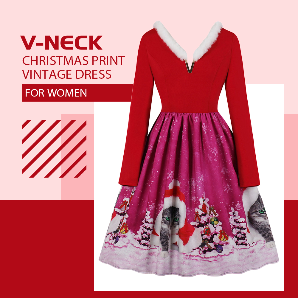 V-neck Christmas Print Vintage Dress for Women