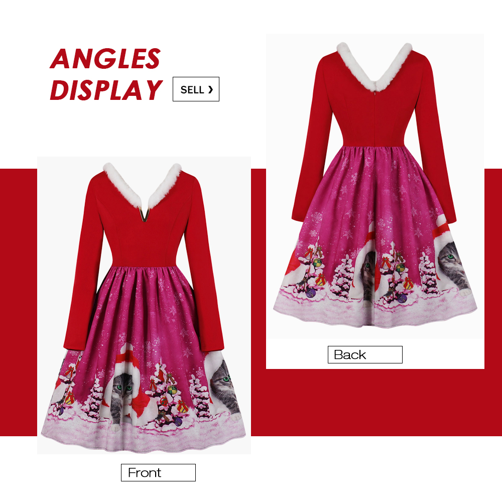 V-neck Christmas Print Vintage Dress for Women