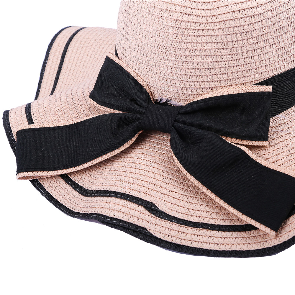 SALYBABY Spring Elegant Wavy Brim with Bow-Knot Beach Straw Hat